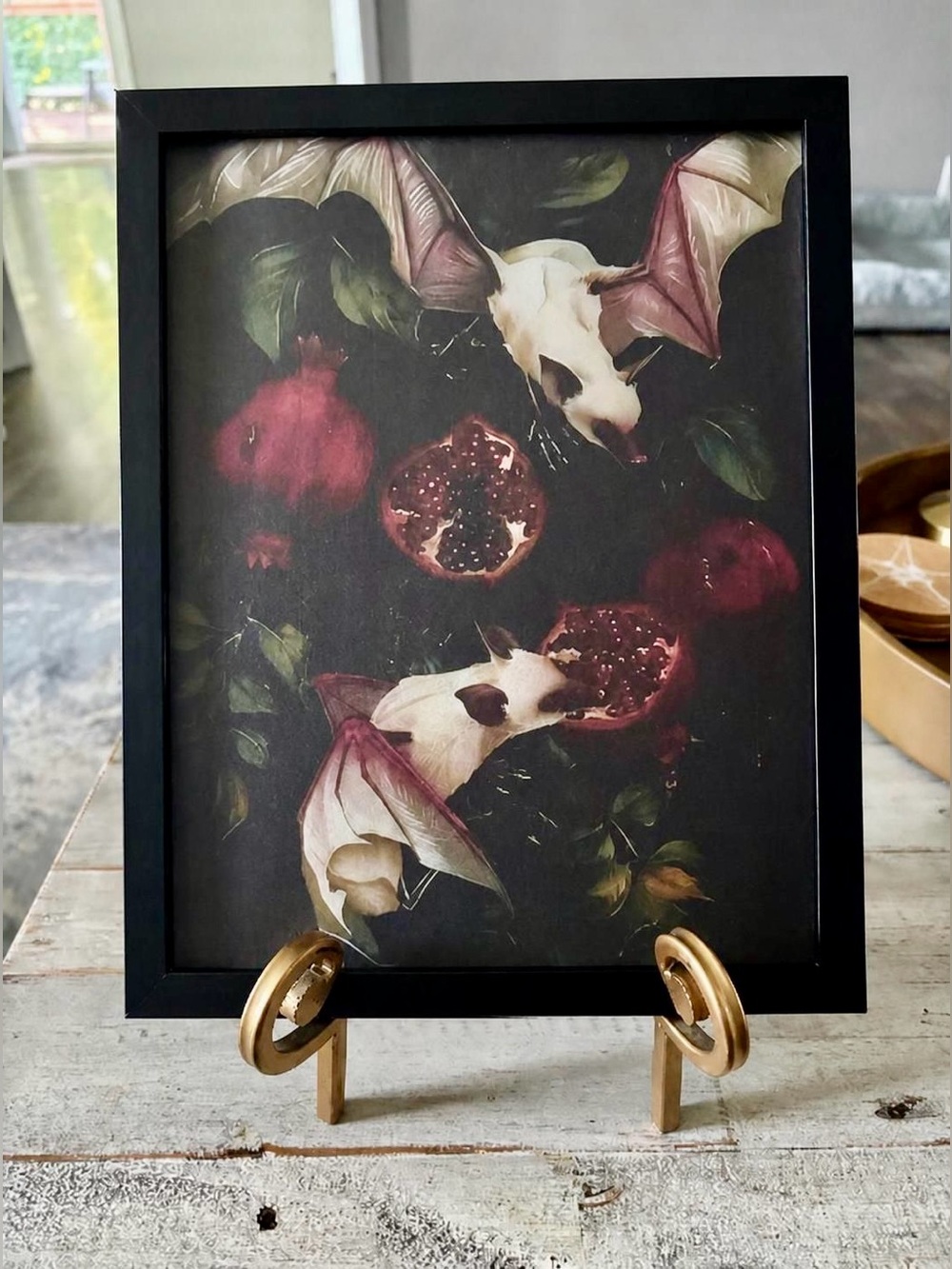 Black Framed Bat & Pomegranate 8x10 Wall Art – Moody Botanical Print